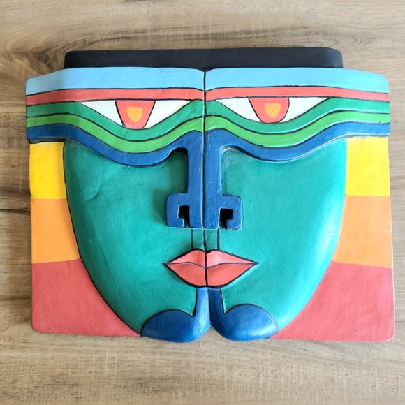 Wooden Abstract Multicolored Face Wall Hanging. Looks like Laurel Burch. - Picture 3 of 5